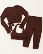 Ballet Wrap Top, Halter Bra & Capris Set - Chocolate Brown flat lay