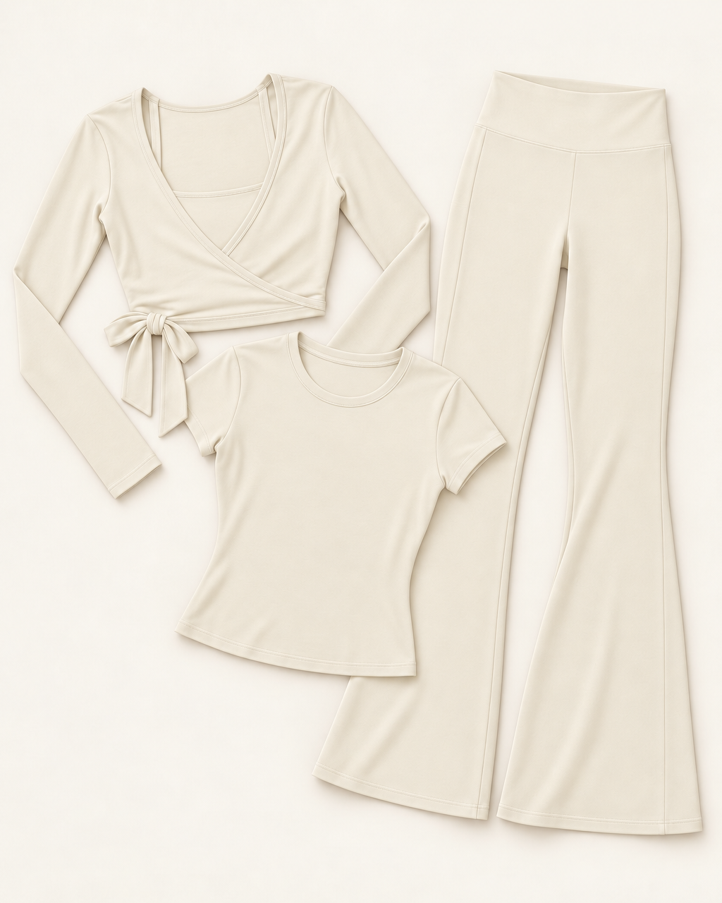 Ballet Wrap Top, Fitted Tee & Flares Set - Ivory White flat lay
