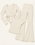 Ballet Wrap Top, Fitted Tee & Flares Set - Ivory White flat lay