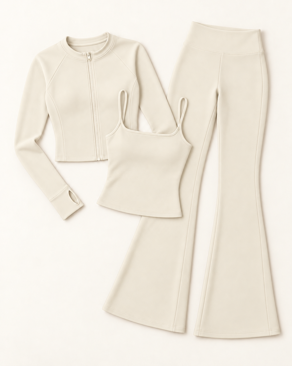 Zip-Up Jacket, Square Neck Vest & Flares Set - Ivory White flat lay