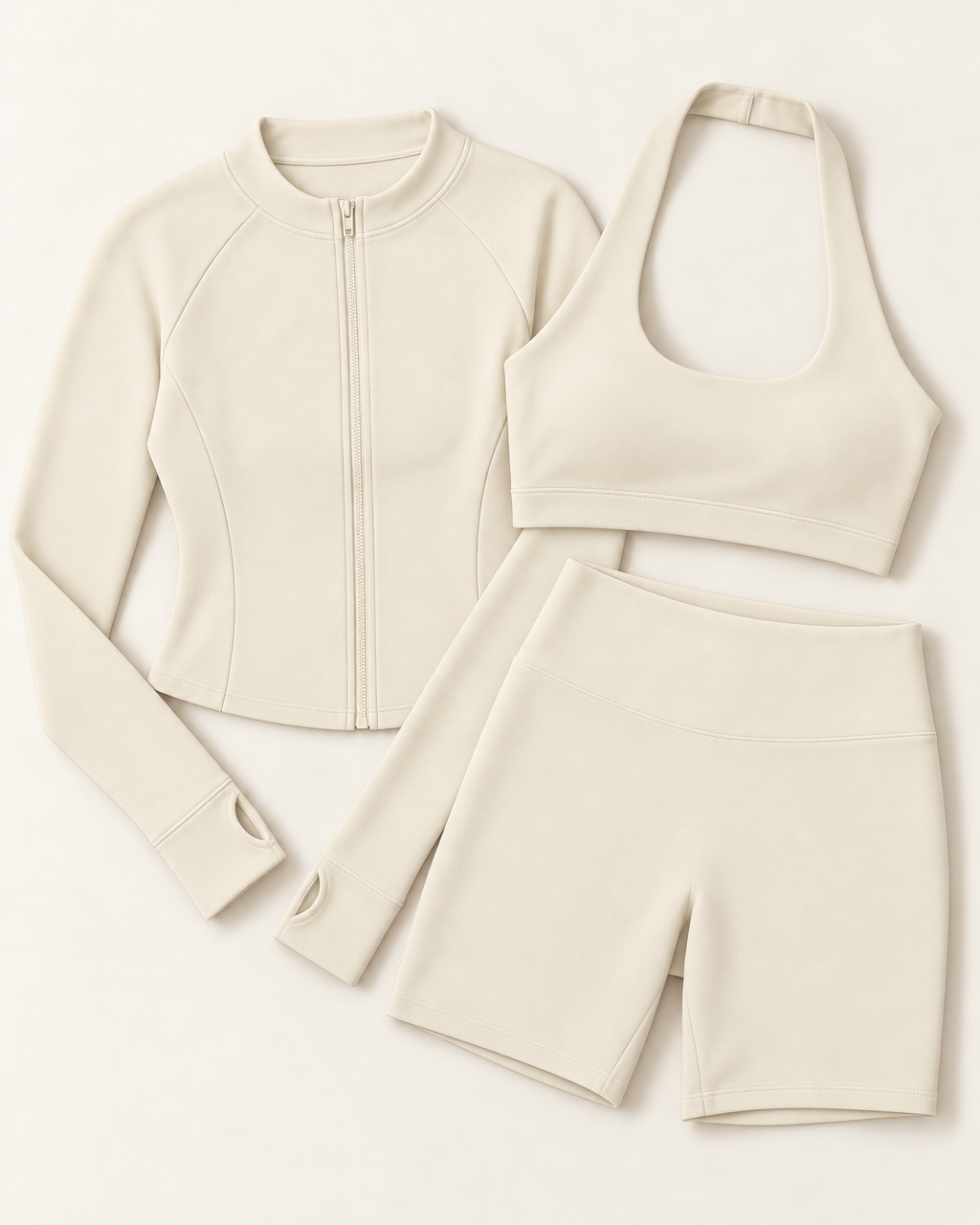 Zip-Up Jacket, Halter Bra & Shorts Set - Ivory White flat lay