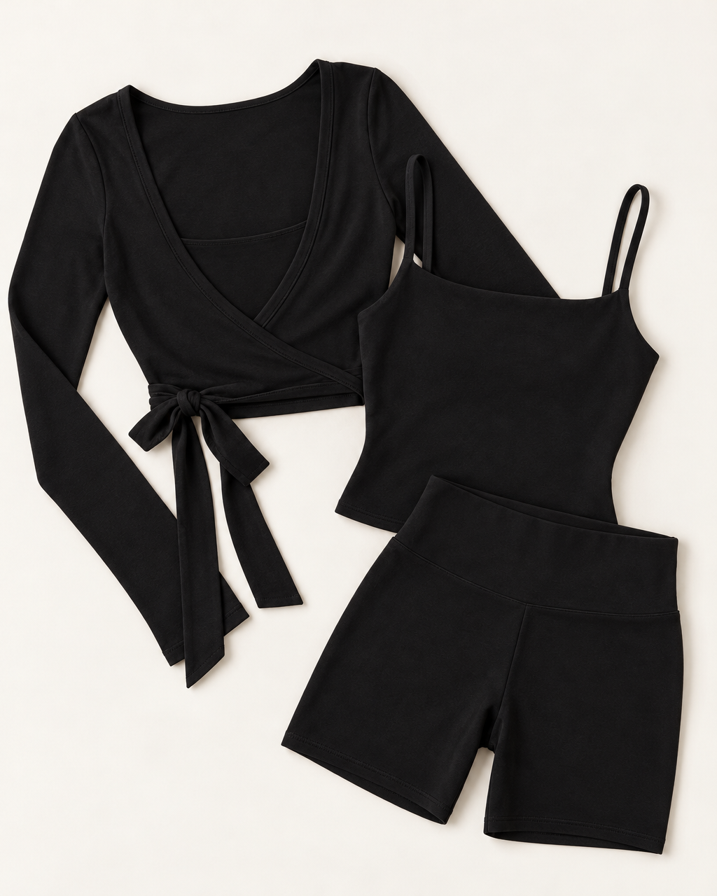 Ballet Wrap Top, Square Neck Vest & Shorts Set - Shadow Black flat lay