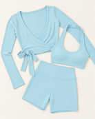Ballet Wrap Top, Halter Bra & Shorts Set - Powder Blue flat lay