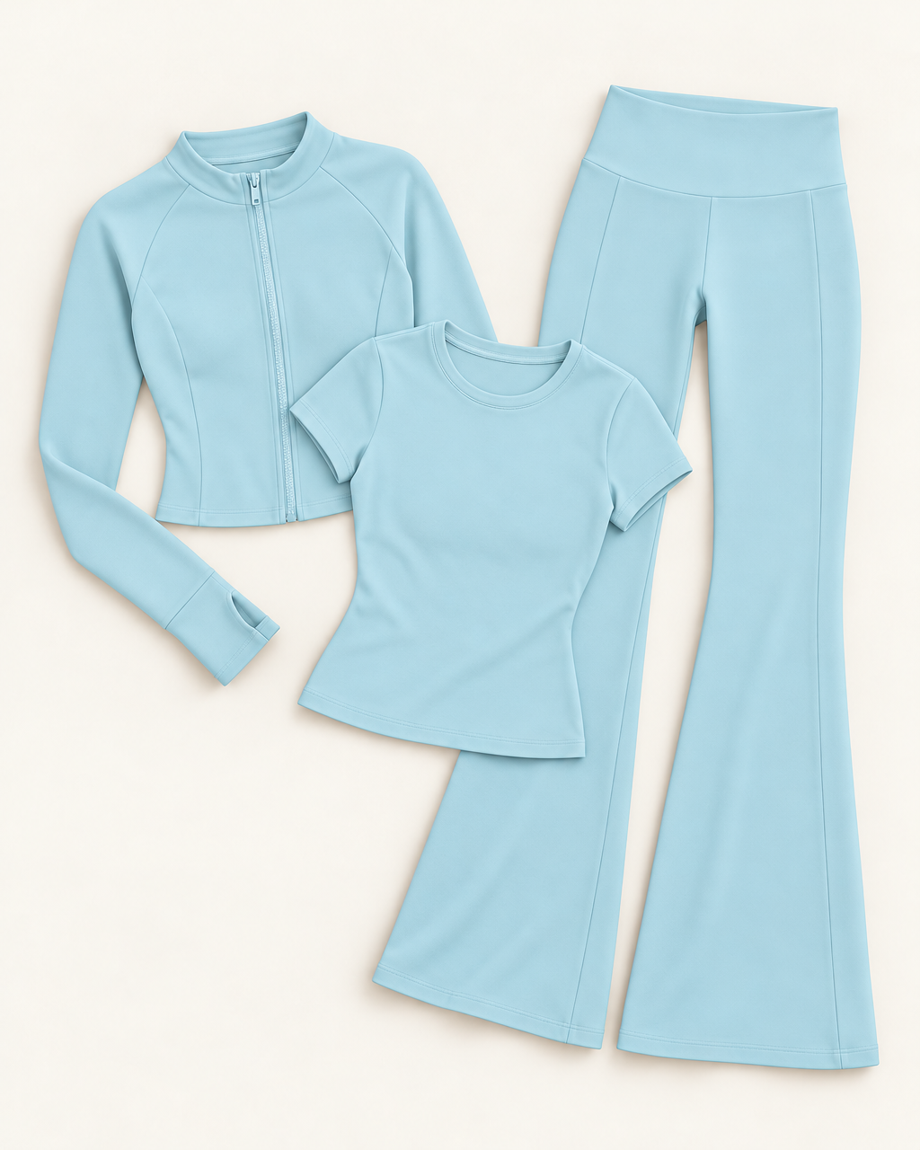 Zip-Up Jacket, Fitted Tee & Flares Set - Powder Blue flat lay