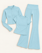 Zip-Up Jacket, Fitted Tee & Flares Set - Powder Blue flat lay
