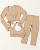 Ballet Wrap Top, Halter Bra & Capris Set - Tan flat lay