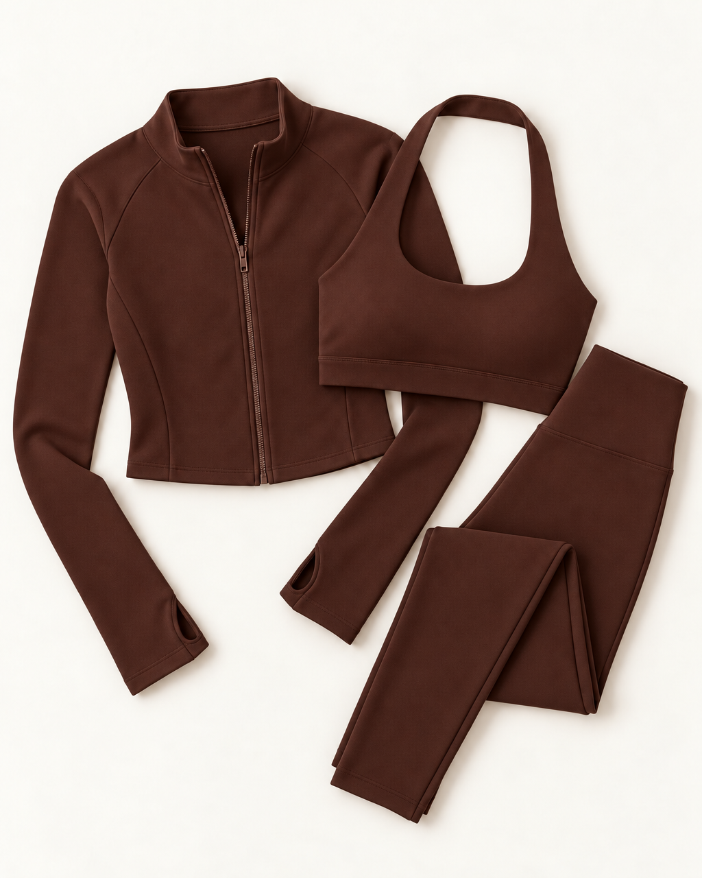Zip-Up Jacket, Halter Bra & Leggings Set - Chocolate Brown flat lay