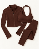 Zip-Up Jacket, Halter Bra & Leggings Set - Chocolate Brown flat lay