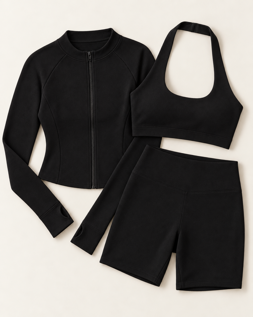 Zip-Up Jacket, Halter Bra & Shorts Set - Shadow Black flat lay