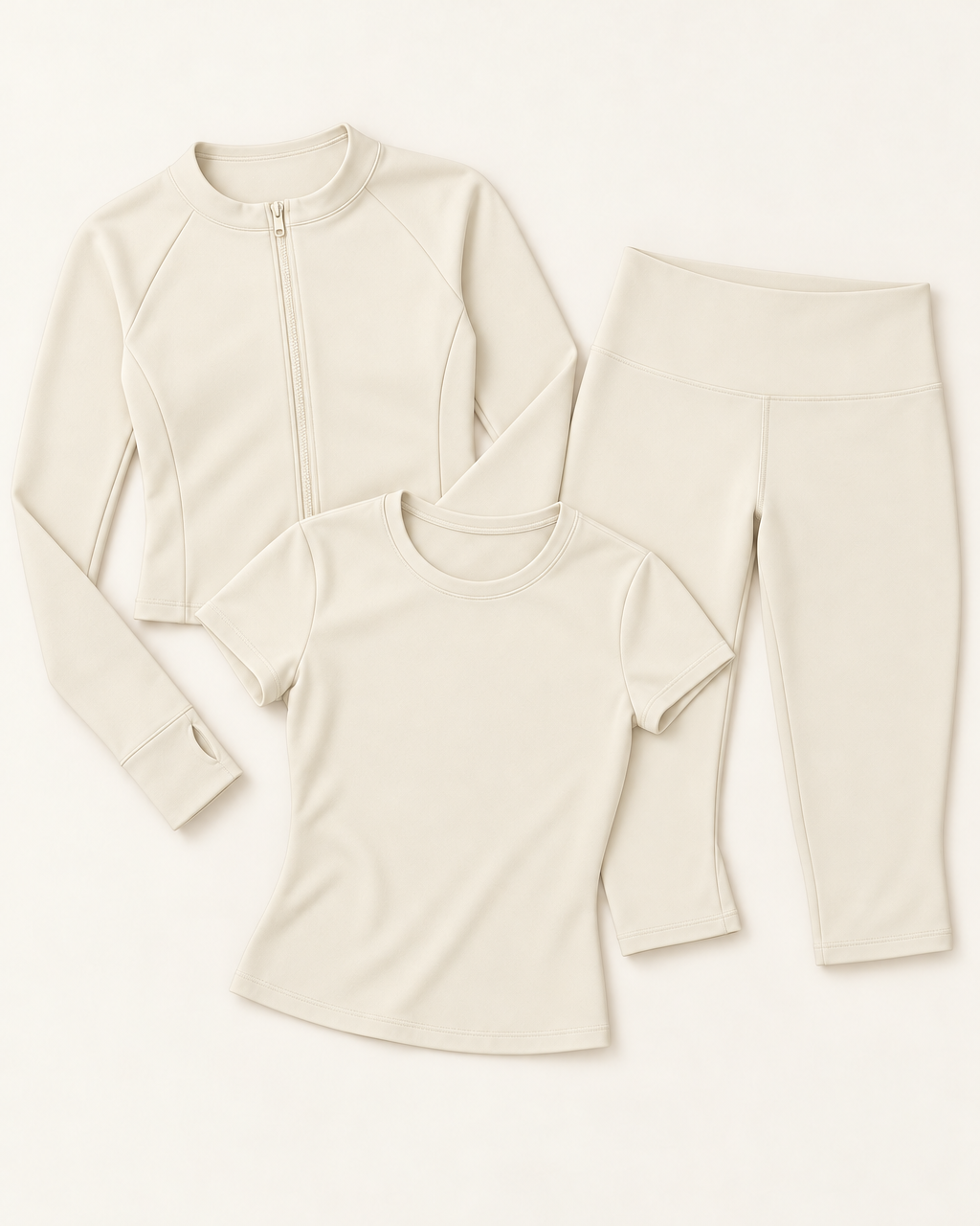 Zip-Up Jacket, Fitted Tee & Capris Set - Ivory White flat lay