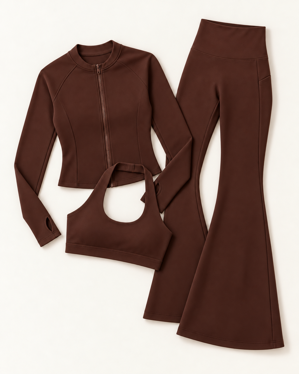 Zip-Up Jacket, Halter Bra & Flares Set - Chocolate Brown flat lay