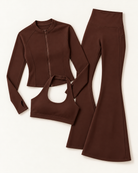 Zip-Up Jacket, Halter Bra & Flares Set - Chocolate Brown flat lay