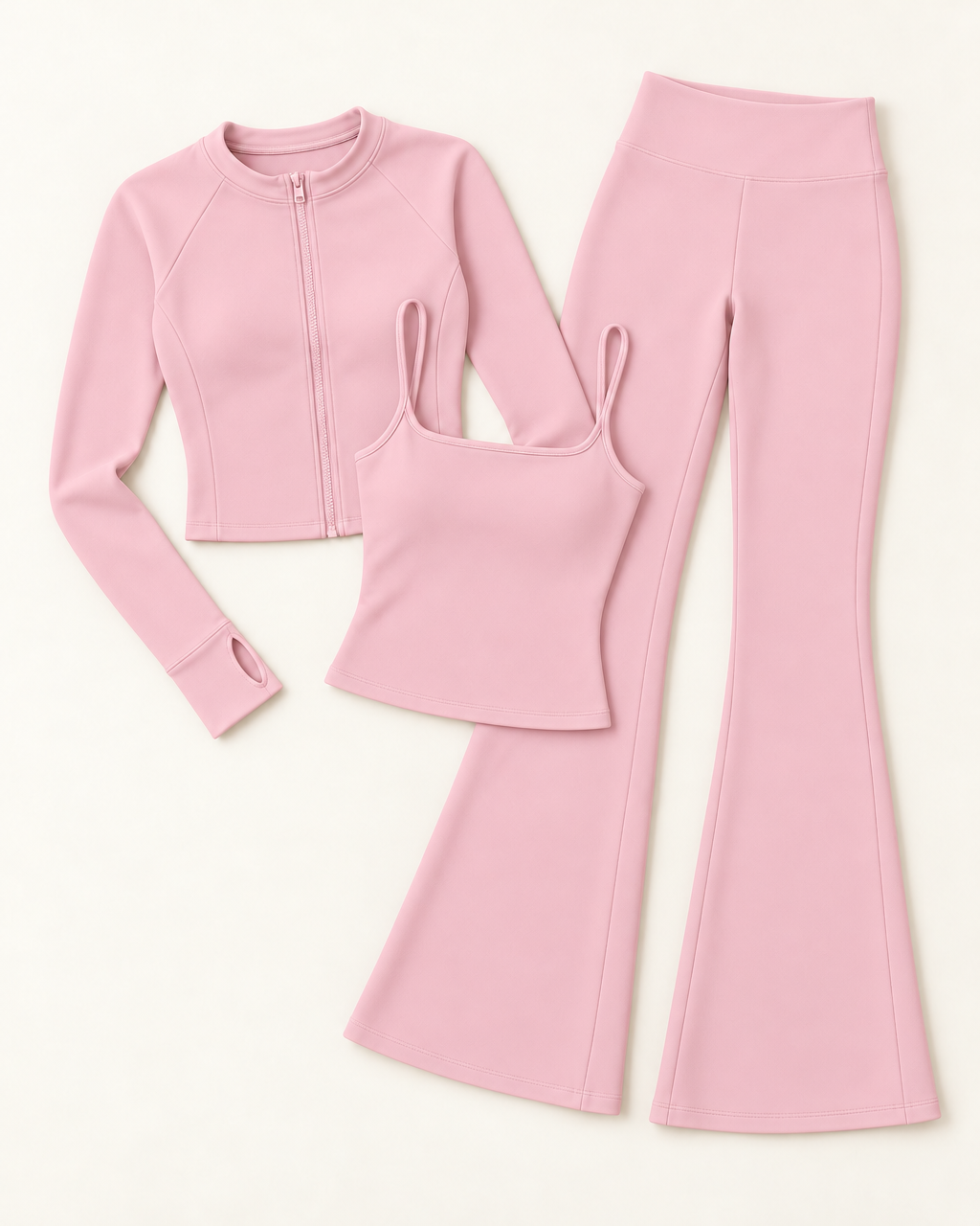 Zip-Up Jacket, Square Neck Vest & Flares Set - Ballet Pink flat lay