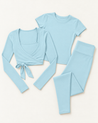 Ballet Wrap Top, Fitted Tee & Leggings Set - Powder Blue flat lay