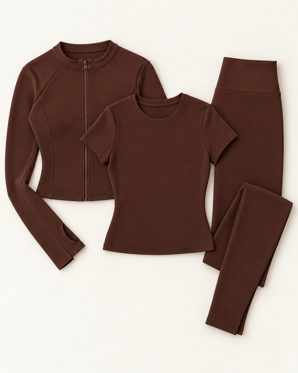 Zip-Up Jacket, Fitted Tee & Leggings Set - Chocolate Brown flat lay
