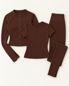 Zip-Up Jacket, Fitted Tee & Leggings Set - Chocolate Brown flat lay
