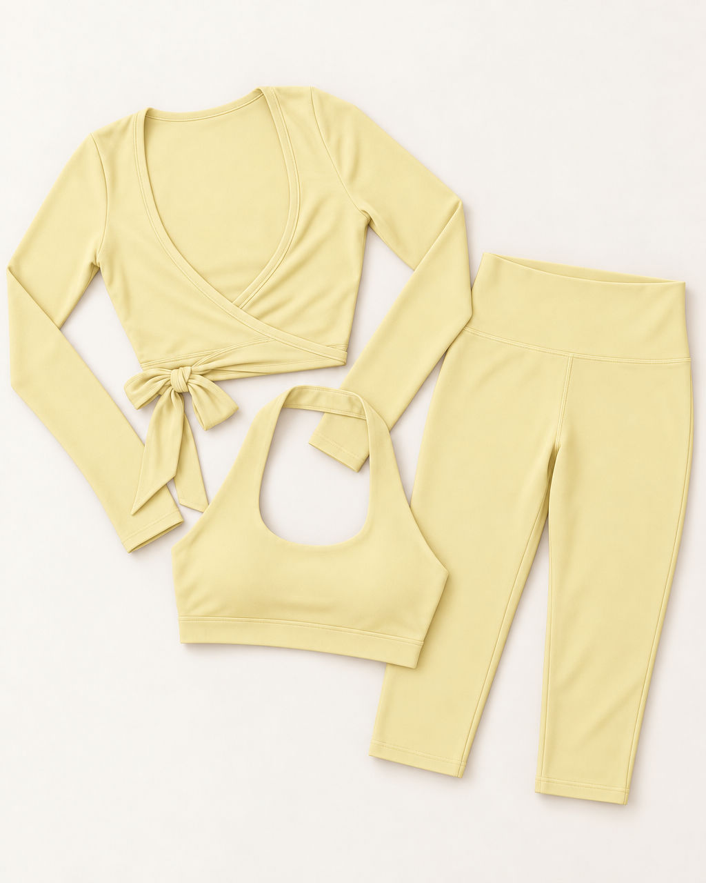 Ballet Wrap Top, Halter Bra & Capris Set - Buttercream flat lay