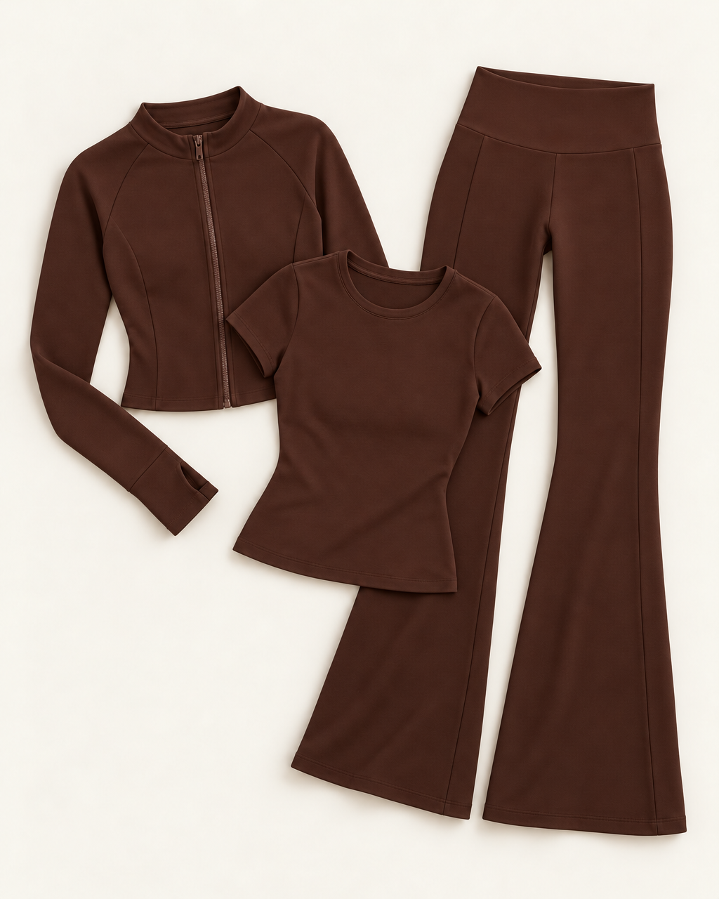 Zip-Up Jacket, Fitted Tee & Flares Set - Chocolate Brown flat lay