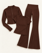 Zip-Up Jacket, Fitted Tee & Flares Set - Chocolate Brown flat lay