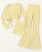 Ballet Wrap Top, Square Neck Vest & Flares Set - Buttercream flat lay