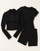 Zip-Up Jacket, Fitted Tee & Shorts Set - Shadow Black flat lay