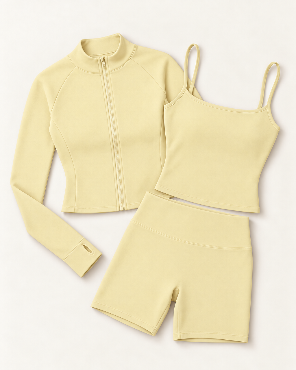 Zip-Up Jacket, Square Neck Vest & Shorts Set - Buttercream flat lay