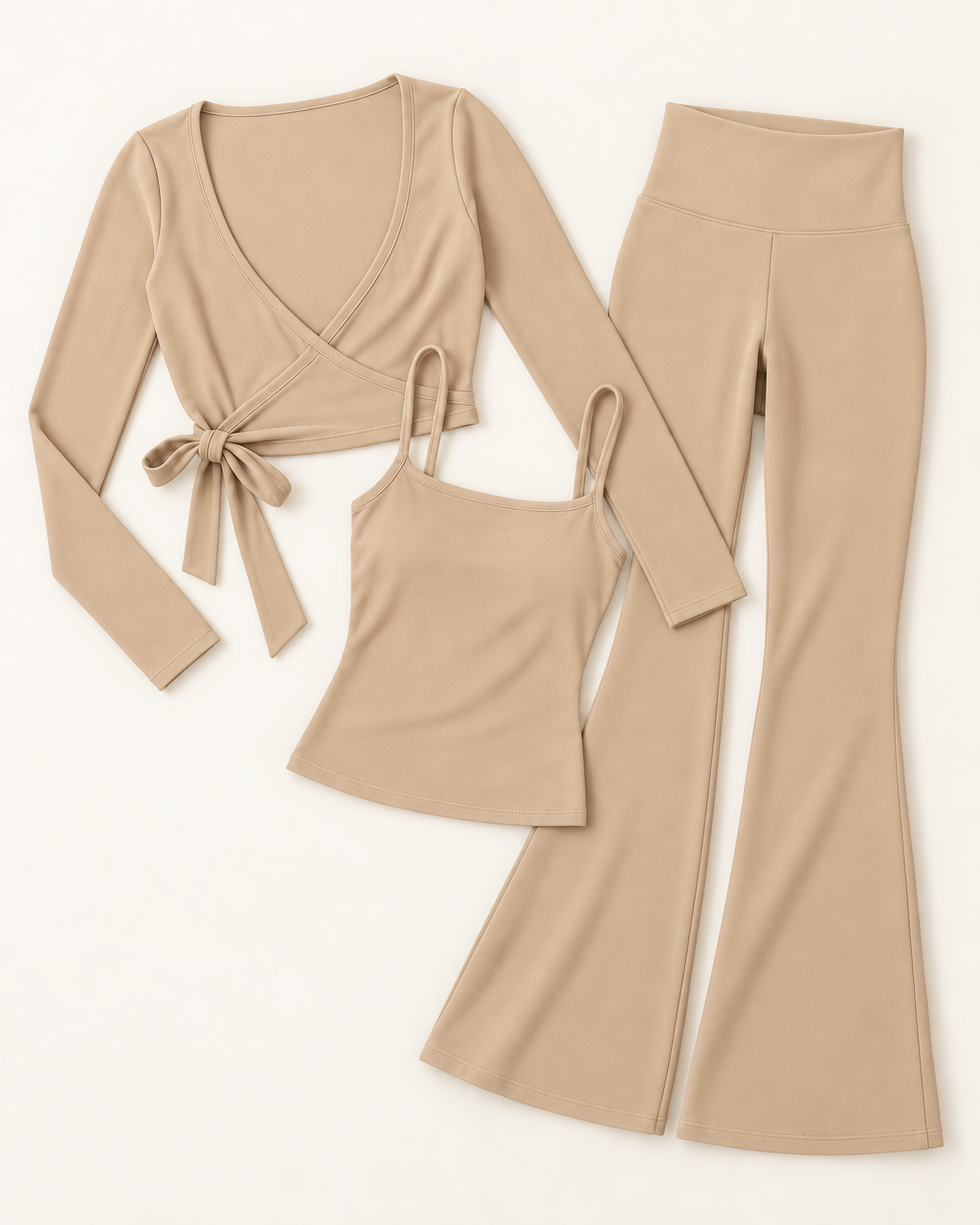 Ballet Wrap Top, Square Neck Vest & Flares Set - Tan flat lay