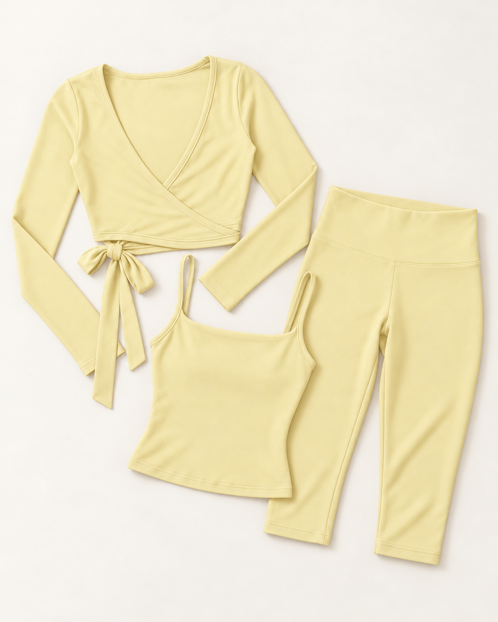 Ballet Wrap Top, Square Neck Vest & Capris Set - Buttercream flat lay