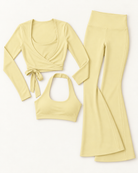 Ballet Wrap Top, Halter Bra & Flares Set - Buttercream flat lay
