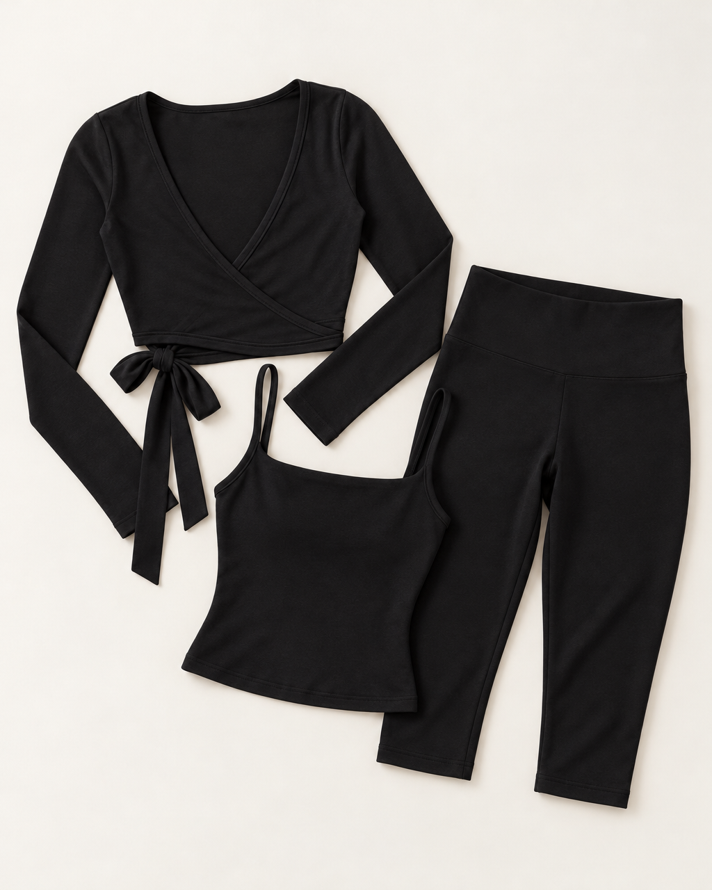 Ballet Wrap Top, Square Neck Vest & Capris Set - Shadow Black flat lay