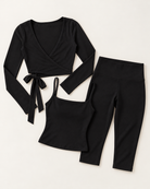 Ballet Wrap Top, Square Neck Vest & Capris Set - Shadow Black flat lay