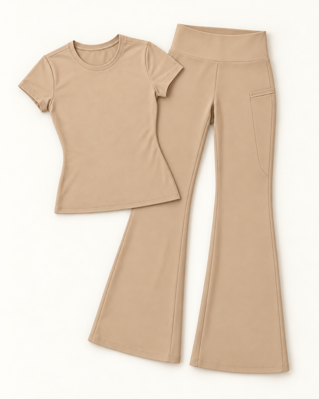 Fitted Tee & Flares Set - Tan flat lay
