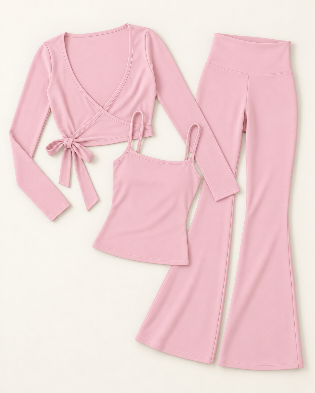 Ballet Wrap Top, Square Neck Vest & Flares Set - Ballet Pink flat lay