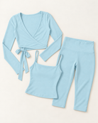 Ballet Wrap Top, Square Neck Vest & Capris Set - Powder Blue flat lay