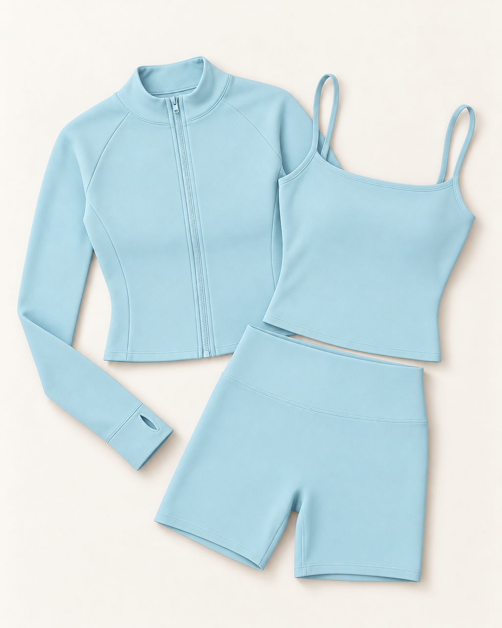 Zip-Up Jacket, Square Neck Vest & Shorts Set - Powder Blue flat lay