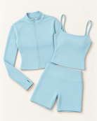 Zip-Up Jacket, Square Neck Vest & Shorts Set - Powder Blue flat lay