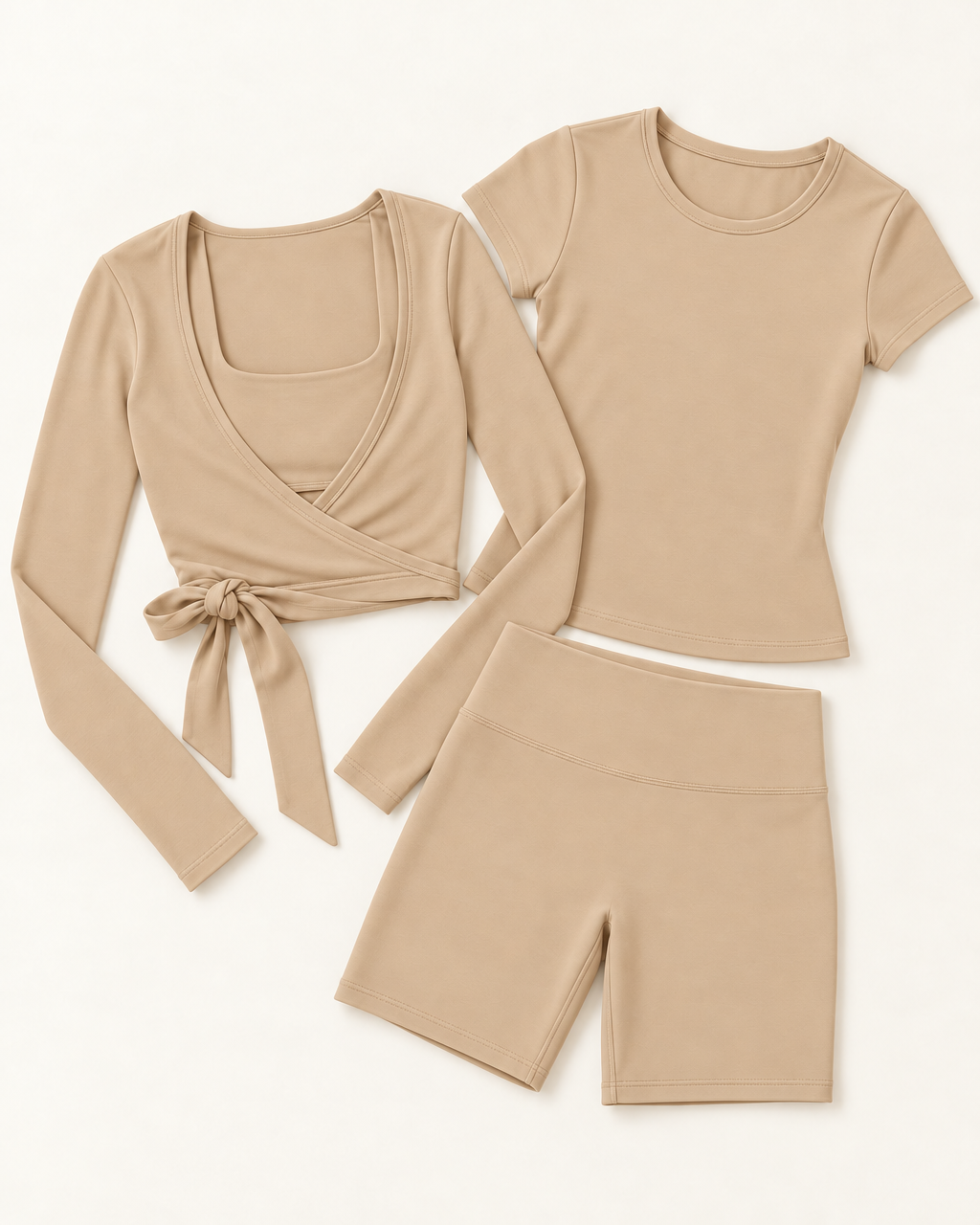 Ballet Wrap Top, Fitted Tee & Shorts Set - Tan flat lay