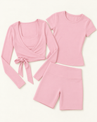 Ballet Wrap Top, Fitted Tee & Shorts Set - Ballet Pink flat lay