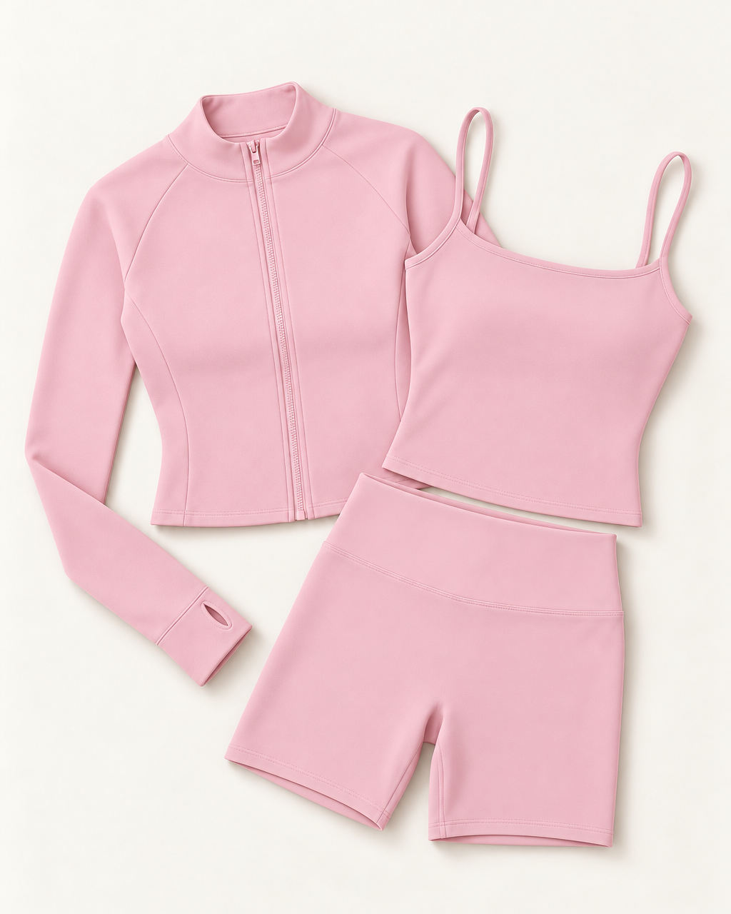 Zip-Up Jacket, Square Neck Vest & Shorts Set - Ballet Pink flat lay