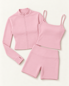 Zip-Up Jacket, Square Neck Vest & Shorts Set - Ballet Pink flat lay