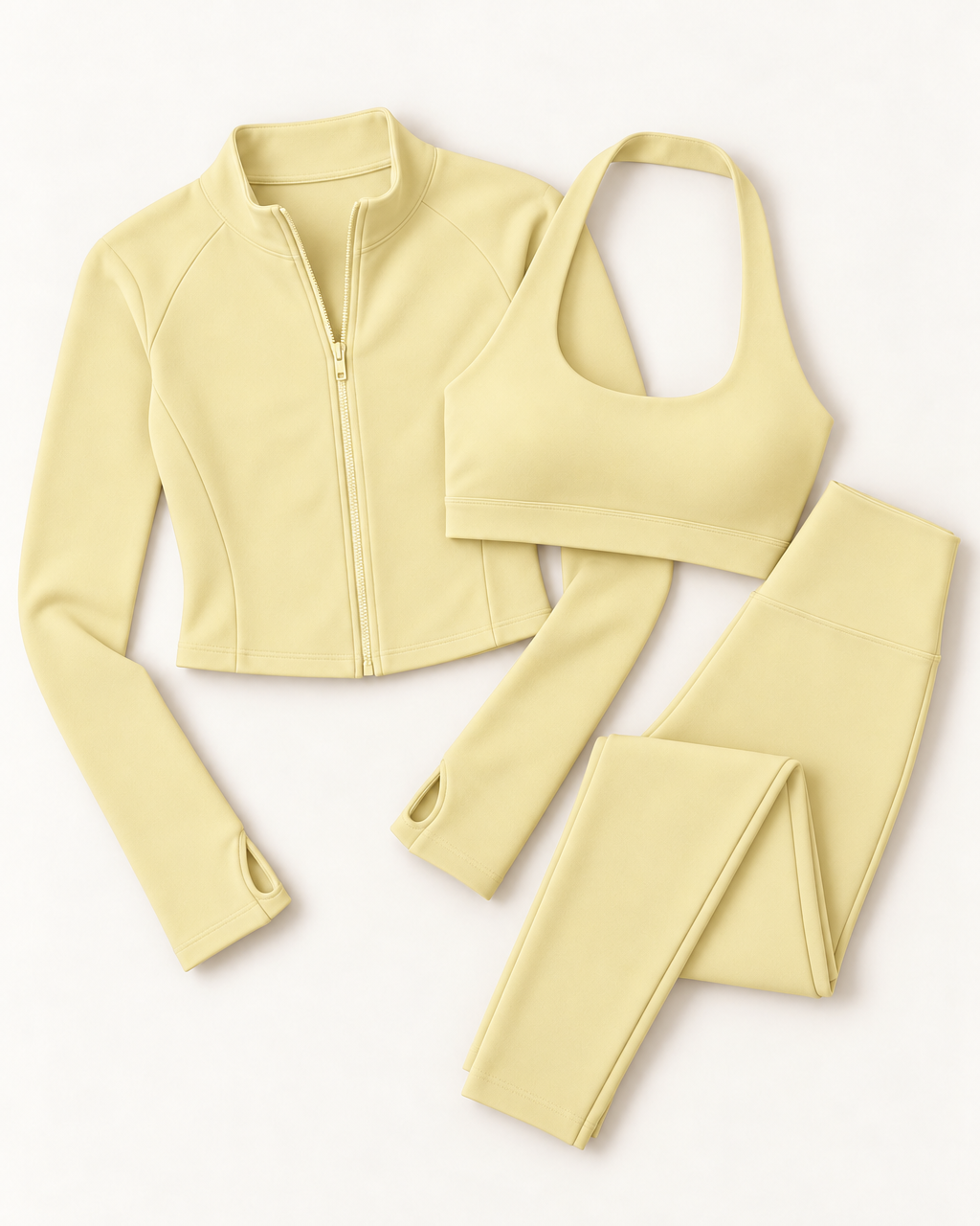 Zip-Up Jacket, Halter Bra & Leggings Set - Buttercream flat lay