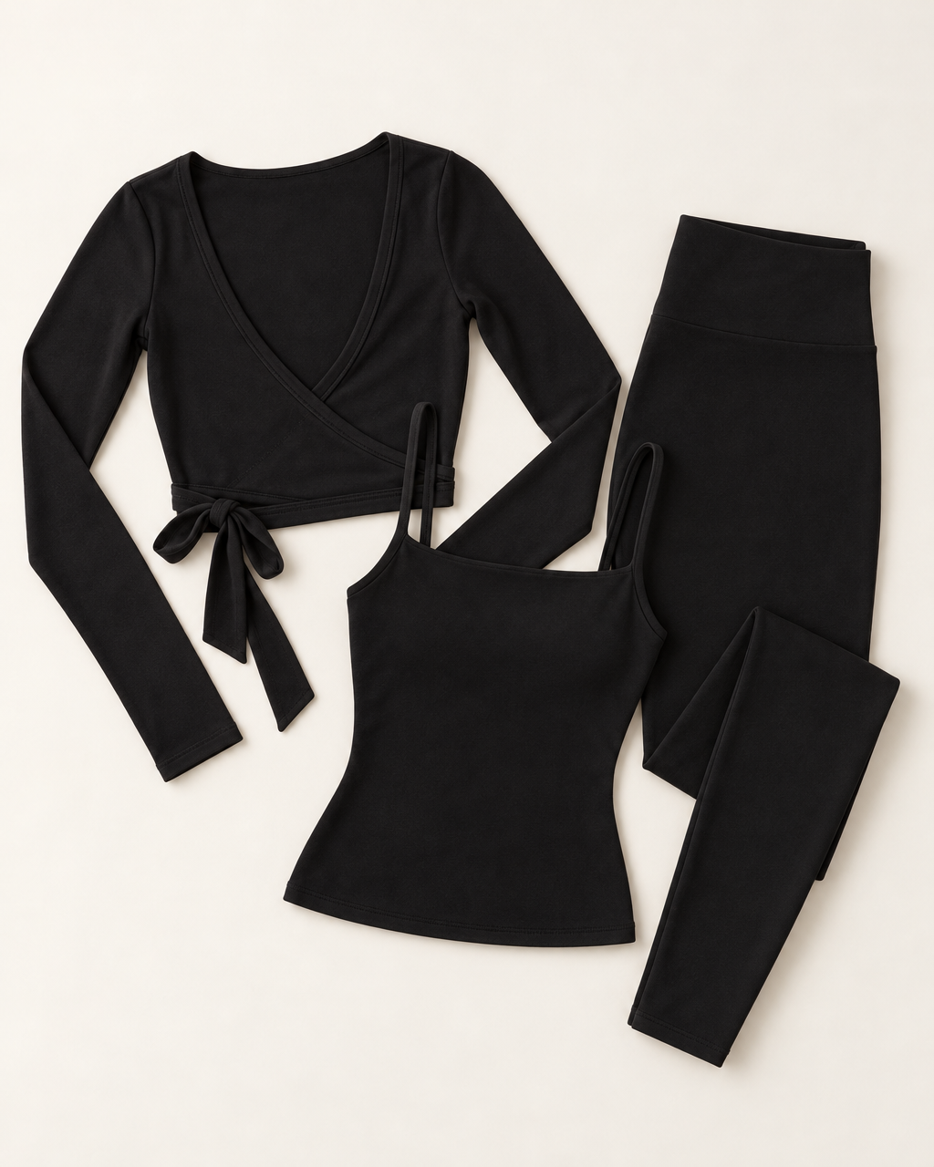 Ballet Wrap Top, Square Neck Vest & Leggings Set - Shadow Black flat lay