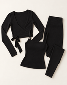 Ballet Wrap Top, Square Neck Vest & Leggings Set - Shadow Black flat lay