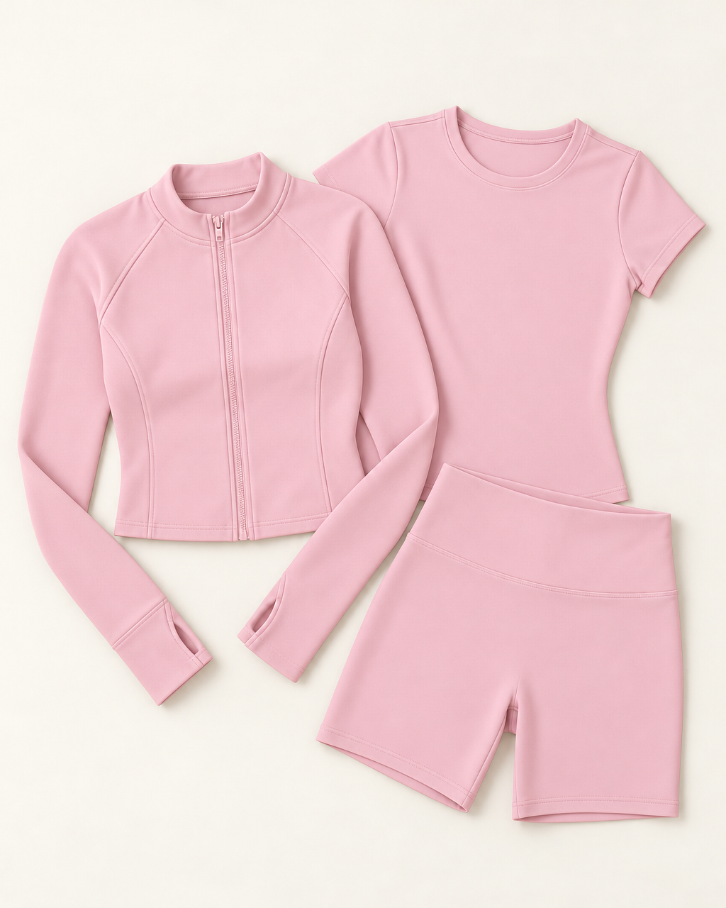 Zip-Up Jacket, Fitted Tee & Shorts Set - Ballet Pink flat lay
