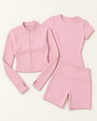Zip-Up Jacket, Fitted Tee & Shorts Set - Ballet Pink flat lay