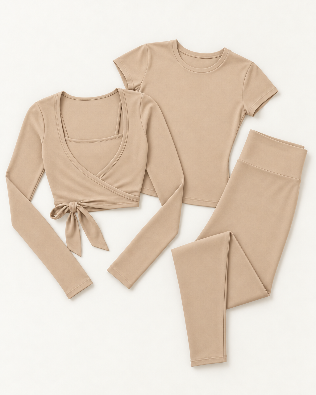 Ballet Wrap Top, Fitted Tee & Leggings Set - Tan flat lay
