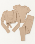 Ballet Wrap Top, Fitted Tee & Leggings Set - Tan flat lay