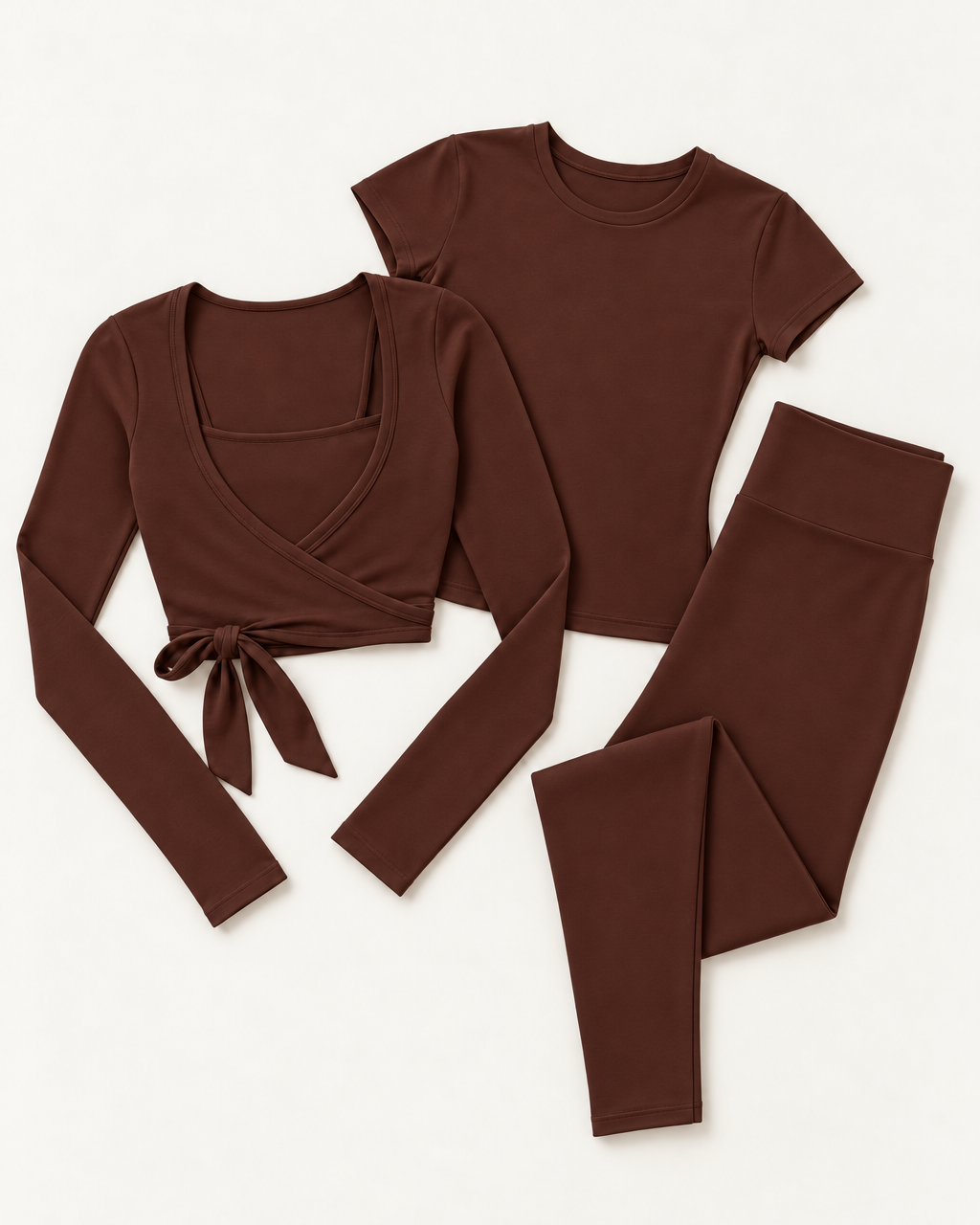Ballet Wrap Top, Fitted Tee & Leggings Set - Chocolate Brown flat lay