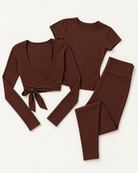 Ballet Wrap Top, Fitted Tee & Leggings Set - Chocolate Brown flat lay