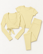 Ballet Wrap Top, Fitted Tee & Leggings Set - Buttercream flat lay